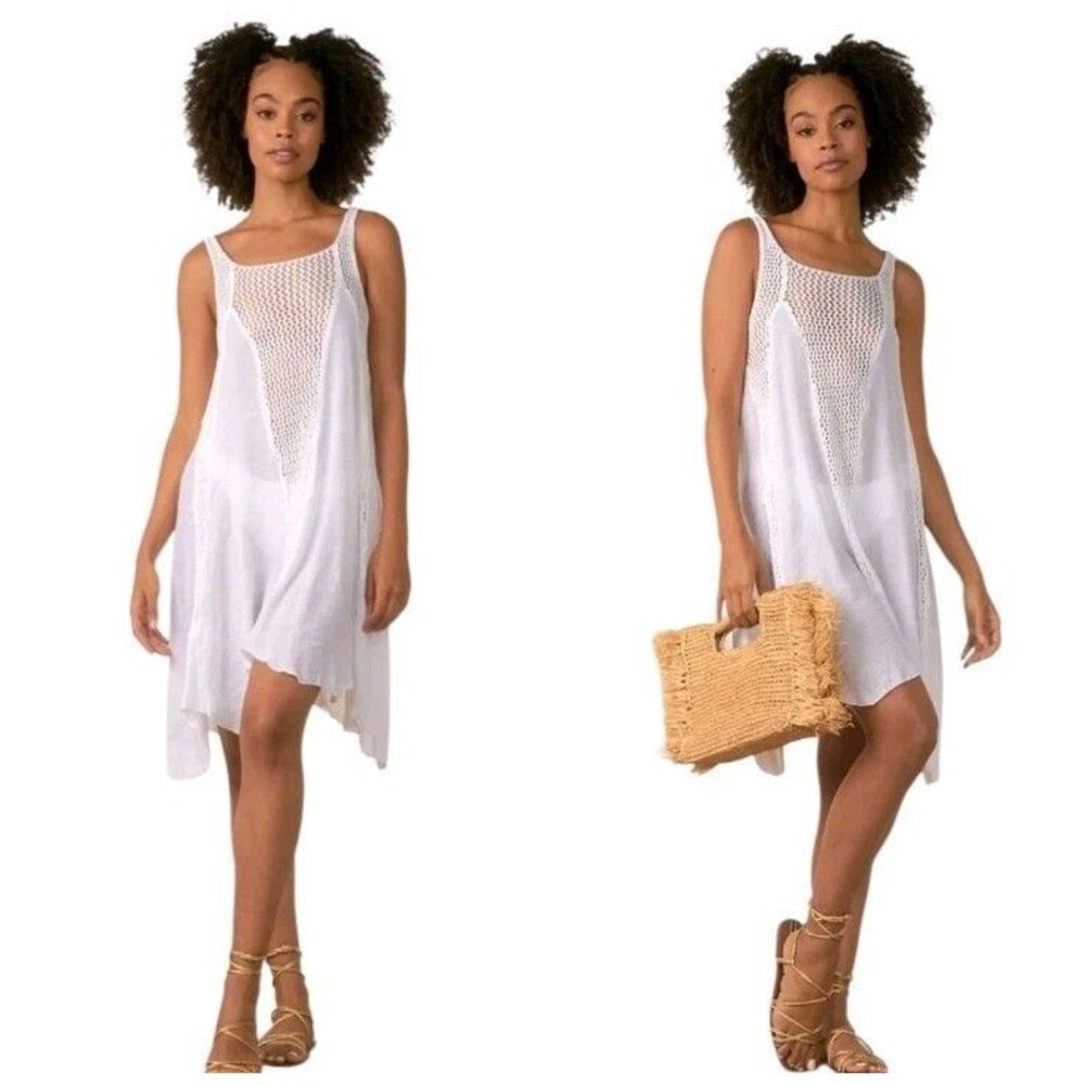 Elan Crochet Fairy Asymmetric Sheer Coverup Dress Size S Cream White Beach Boho